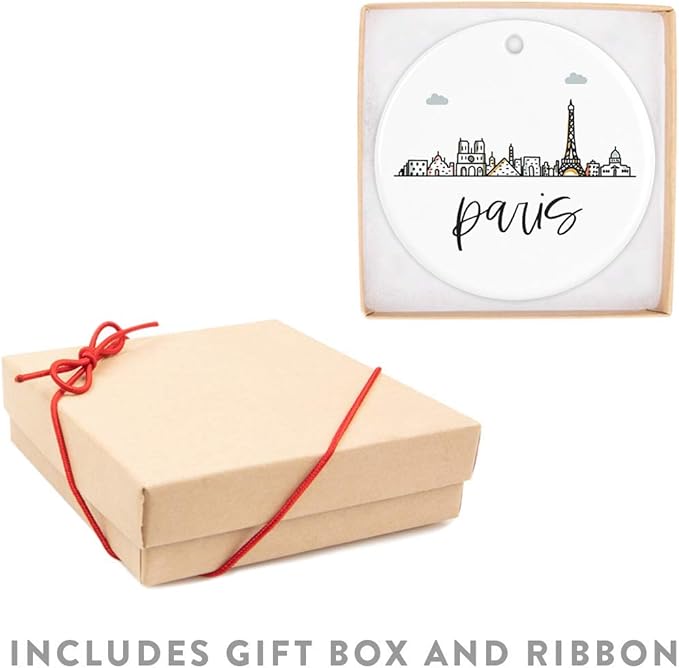 Andaz Press Round Ceramic Porcelain Christmas Tree Ornament Keepsake Gift, Paris, Colorful International City Skyline Graphic, 1-Pack, Birthday Ideas Family Coworker Him Her, Gift Box