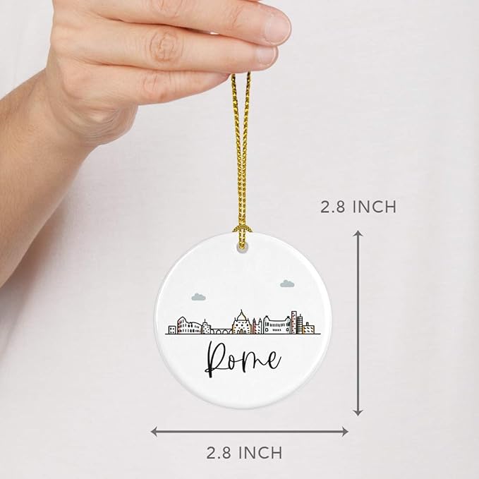 Andaz Press Round Ceramic Porcelain Christmas Tree Ornament Keepsake Gift, Rome, Colorful International City Skyline Graphic, 1-Pack, Birthday Ideas Family Coworker Him Her, Gift Box