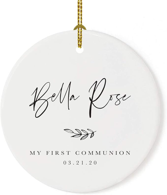 Andaz Press Personalized Round Ceramic Porcelain Christmas Tree Ornament Engagement Collectible Gift for Baby, Ava Marie Carter My First Communion 03.21.20, Antique Handdrawn, 1-Pack
