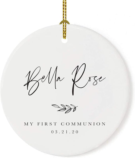 Andaz Press Personalized Round Ceramic Porcelain Christmas Tree Ornament Engagement Collectible Gift for Baby, Ava Marie Carter My First Communion 03.21.20, Antique Handdrawn, 1-Pack