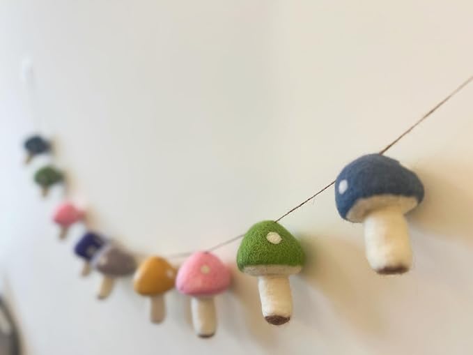 B&D Handmade Wool Crafts Art Set, Colorful Mushroom Garland- Winter and Easter Spring Multi Themed Home Decorations