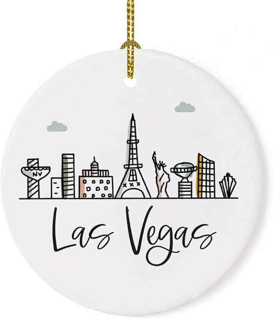 Andaz Press Round Ceramic Porcelain Christmas Tree Ornament Keepsake Gift, Las Vegas, Colorful City Skyline Graphic, 1-Pack, Birthday Gift Ideas Family Coworker Him Her, Includes Box