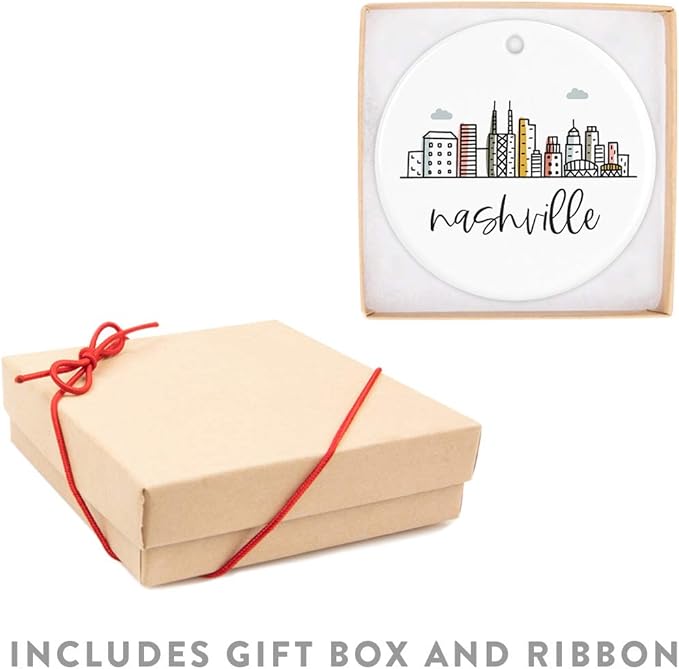 Andaz Press Round Ceramic Porcelain Christmas Tree Ornament Keepsake, Nashville Colorful City Skyline 1-Pack Birthday Ideas Family Coworker Includes Box Ornament