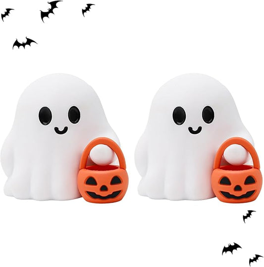 2 Pcs Halloween Ghost Figurine Cartoon Cute Spooky Carrying Pumpkin Basket Desk Display Ornament Tiny Trick or Treat Ghost Resin Halloween Statue for Home and Office Tabletop Decor Supplies