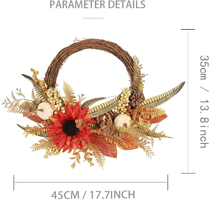 Fall Wreaths for Front Door, Autumn Wreath with Pumpkins, Berries and Leaves for Indoor Outdoor Porch Thanksgiving Farmhouse Harvest Halloween Home Décor (White Pumpkin)