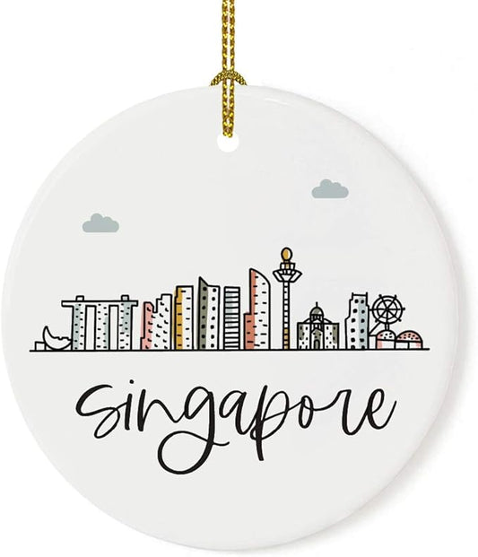 Andaz Press Round Ceramic Porcelain Christmas Tree Ornament Keepsake Gift, Singapore, Colorful International City Skyline Graphic, 1-Pack, Birthday Ideas Family Coworker Him Her, Gift Box