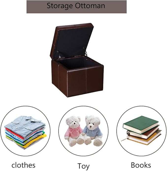 Adeco 17.7" Leather Cube Storage Brown Ottomans for Living Room