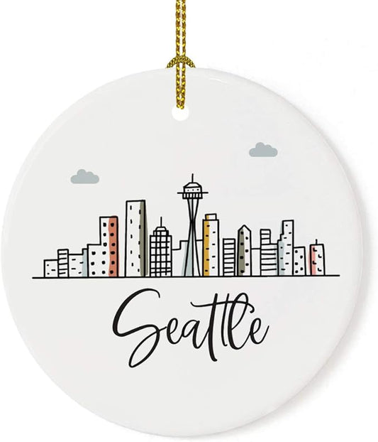 Andaz Press Round Ceramic Porcelain Christmas Tree Ornament Keepsake, Seattle Colorful City Skyline, 1-Pack, Birthday Ideas for Family Coworker, Gift Box Included