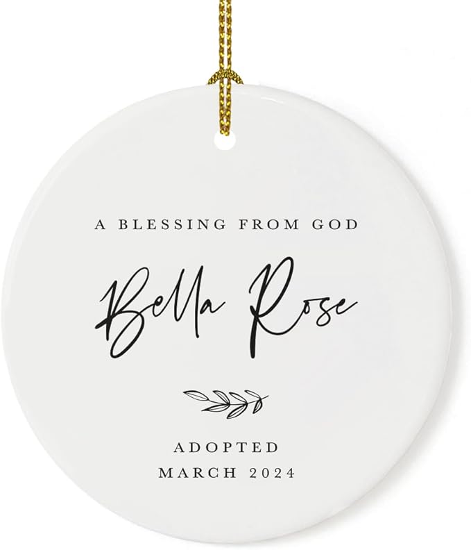 Andaz Press Personalized Adoption Round Ceramic Porcelain Christmas Tree Ornament Keepsake, A Blessing from God Olivia Rose Carter Adopted 2025 Antique Handdrawn, 1-Pack Adoption Ornament 2025
