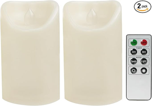 CANDLE CHOICE Outdoor Battery Operated Flameless Candles with Remote Timer Waterproof Flickering Plastic Electric LED Pillar Lights for Lantern Patio Garden Wedding Party Decorations 3x5 Inches 2 PCS