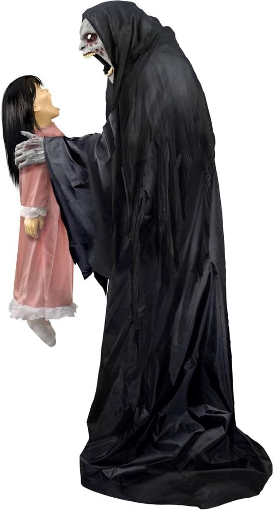 Haunted Hill Farm Soul Sucker Demon Reaper with Child by Tekky, Motion-Activated Talking Halloween Animatronic for Creepy Indoor or Covered Outdoor Halloween Decorations, Plug-in or Battery Operated