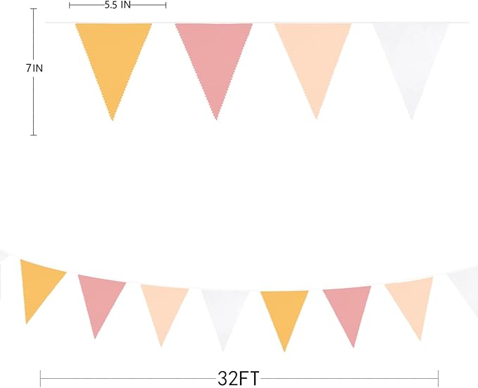 32Ft Groovy Party Decorations Yellow Pink White Pennant Banner Fabric Triangle Flag Bunting Garland Streamers for Daisy Groovy Boho Retro Hippie Wedding Birthday Baby Shower Spring Party Supplies