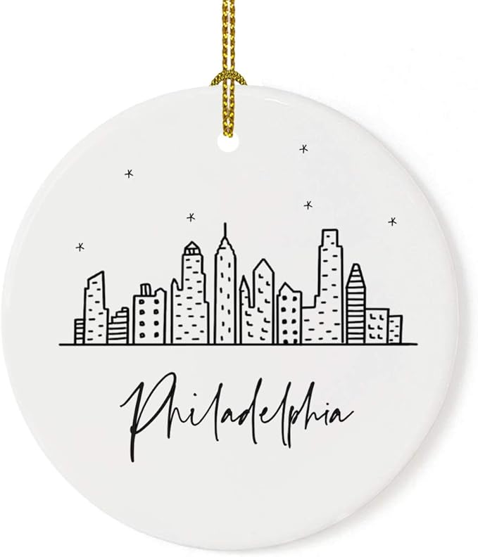 Andaz Press Round Ceramic Porcelain Christmas Tree Ornament Gift, Philadelphia Black and White Stars City Skyline Graphic, 1-Pack, Birthday Ideas for Family Coworker, Philly