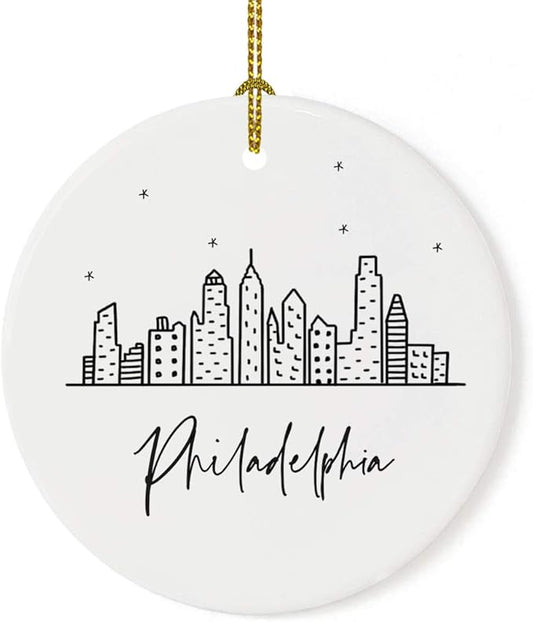 Andaz Press Round Ceramic Porcelain Christmas Tree Ornament Gift, Philadelphia Black and White Stars City Skyline Graphic, 1-Pack, Birthday Ideas for Family Coworker, Philly