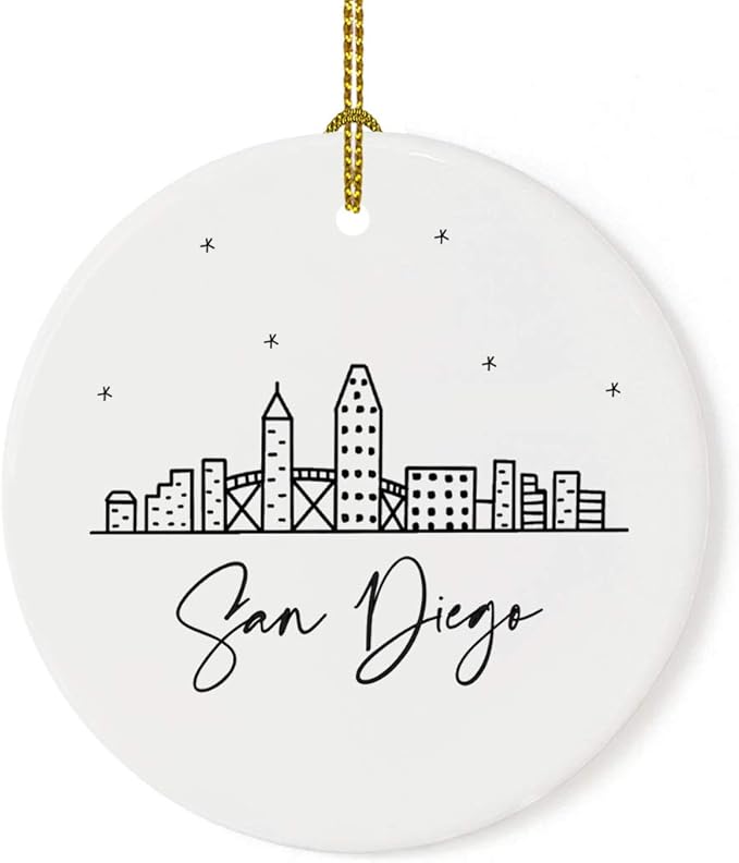 Andaz Press Round Ceramic Porcelain Christmas Tree Ornament Keepsake, San Diego Black and White Stars City Skyline Graphic, 1-Pack, Birthday Gift Idea for Family, Coworker, Him, Her, Includes Gift Box