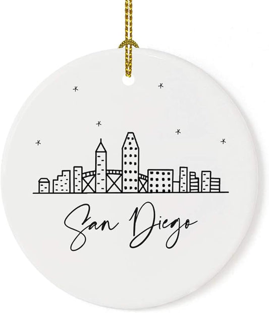 Andaz Press Round Ceramic Porcelain Christmas Tree Ornament Keepsake, San Diego Black and White Stars City Skyline Graphic, 1-Pack, Birthday Gift Idea for Family, Coworker, Him, Her, Includes Gift Box