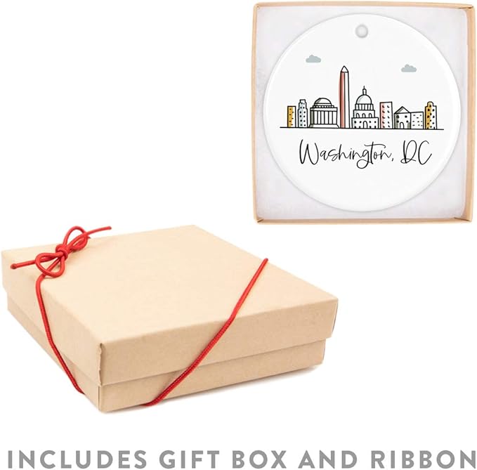 Andaz Press Round Ceramic Porcelain Christmas Tree Ornament Keepsake Gift, Washington, Dc, Colorful City Skyline Graphic, 1-Pack, Birthday Family Coworker Includes Gift Box Washington Dc Ornament 2024