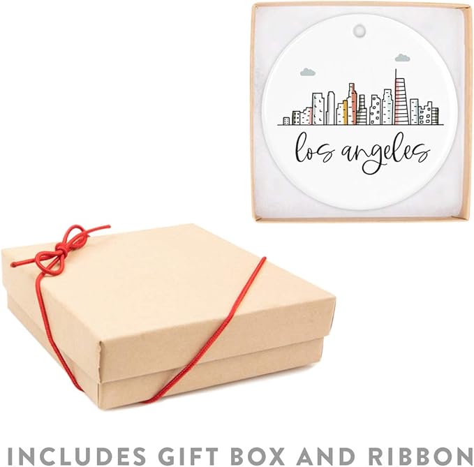 Andaz Press Round Ceramic Porcelain Christmas Tree Ornament Keepsake Gift, Los Angeles, Colorful City Skyline Graphic, 1-Pack, Birthday Ideas Family Coworker Him Her, Includes Gift Box