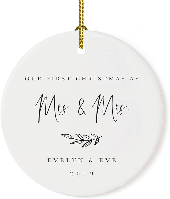 Andaz Press Personalized Lesbian Couple Wedding Round Ceramic Porcelain Christmas Engagement Keepsake Collectible Gift, Our First Christmas as Mrs. & Mrs, Helen & Eve 2025, Antique Handdrawn, 1-Pack