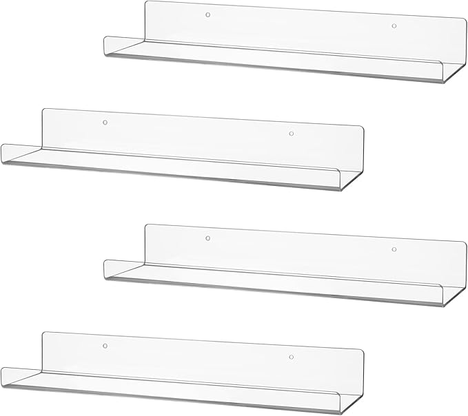 4 Pack Clear Acrylic Floating Shelves for Wall, 15'' Plastic Wall Mounted Display Shelf Kids Bookshelf and Spice Organizer for Bedroom, Living Room, Kitchen, Bathroom, Office