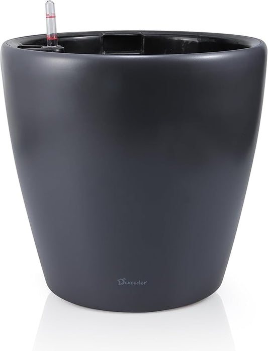 Dexceder 13x12 Self Watering Planter with Wheels Indoor Outdoor, Inner Pot Design, Thickened Large Floor Standing Flower Plant Pot with Water Level Indicator (Slate Gray Matte)
