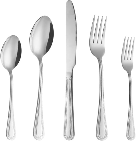 20 Pcs Silverware Set for 4 with Pearled Edge Handle design, Food Grade Stainless Steel Flatware Set, Eating Utensils Sets Include Fork/Knife/Spoon, Reusable Cutlery Set, Dishwasher Safe