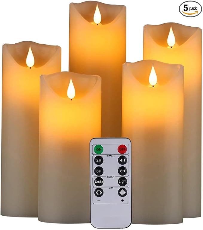Flameless Battery Operated LED Candles 3D Wick with10key Button Remote Control 24-Hour Timer Set of 5 Electric Flickering Pillar Real Wax，Wedding, Party, Home Decoration