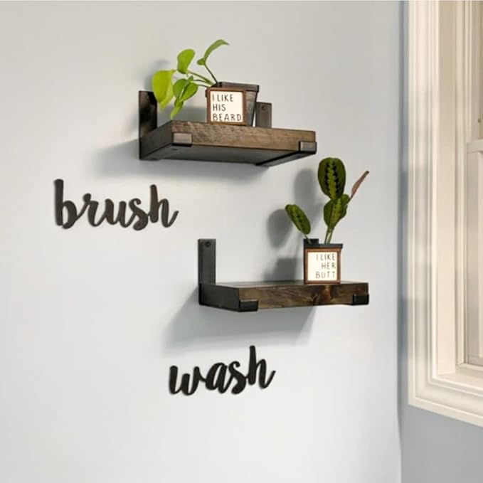 Rustic Shelves with J-Brackets Set of 2, Industrial Shelf, Kitchen Shelves, Solid Wood, Decorative Wall Storage, Heavy Duty, URBANDI (Dark Brown, 48Wx8D)