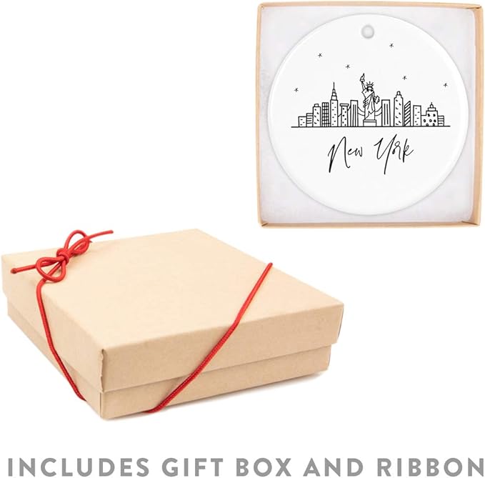 Andaz Press Round Ceramic Porcelain Christmas Tree Ornament, New York, Black And White Stars City Skyline 1-Pack Birthday Ideas Family Coworker, NYC Christmas Ornament New York City Christmas Ornament