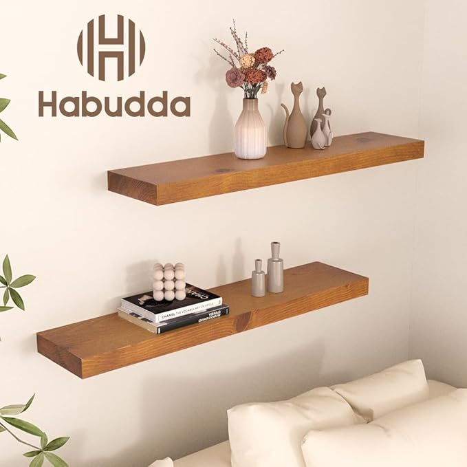 Habudda Floating Shelves, Wall Shelf for Bathroom Bedroom Kitchen, Natural Pine Real Wooden Shelves, Wall Mounted, 100% Pine, Set of 2, 30 Inches Long, Honey Oak