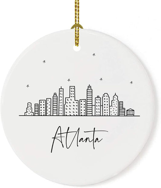 Andaz Press Round Ceramic Porcelain Christmas Tree Ornament Keepsake, Atlanta Black and White Stars City Skyline Graphic, 1-Pack, Birthday Gift Ideas for Family Coworker, Includes Gift Box