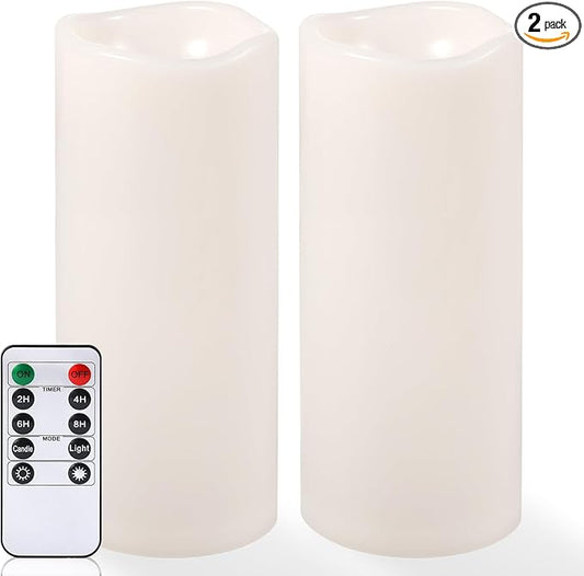 NURADA Large Outdoor Flameless Candles 10" x 4" - Waterproof LED Pillar Flickering Candle Battery Operated with Timer Remote Control for Patio Porch Lanterns Decor - Long Lasting Set of 2