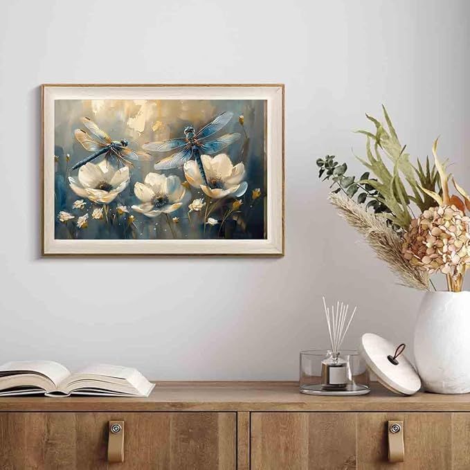 Dragonfly Wall Art White Flower Painting Watercolor Dragonfly Wall Art Watercolor Flower Prints Animal Canvas Plant Picture Insect Pictures Vintage Abstract Living Room Decor 16x24inch No Frame