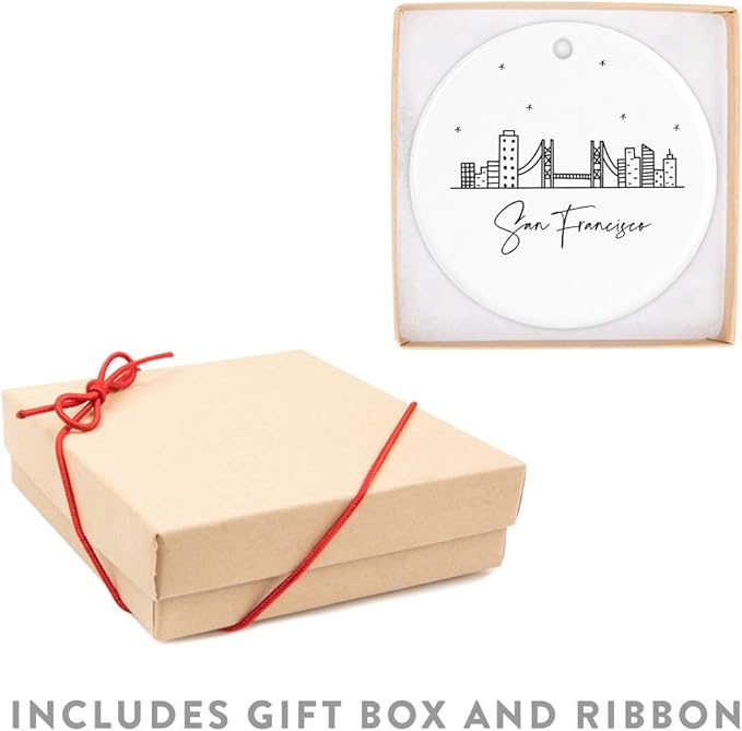 Andaz Press Round Ceramic Porcelain Christmas Tree Ornament Keepsake, San Francisco, Black and White Stars City Skyline Graphic, 1-Pack, Birthday Gift Ideas Family Coworker, Includes Gift Box