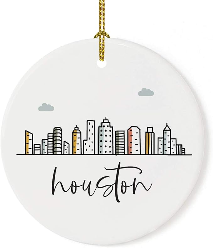 Andaz Press Round Ceramic Porcelain Christmas Tree Ornament Keepsake, Houston Colorful City Skyline Graphic, 1-Pack, Birthday Gift Ideas Family Coworker Him Her, Includes Gift Box
