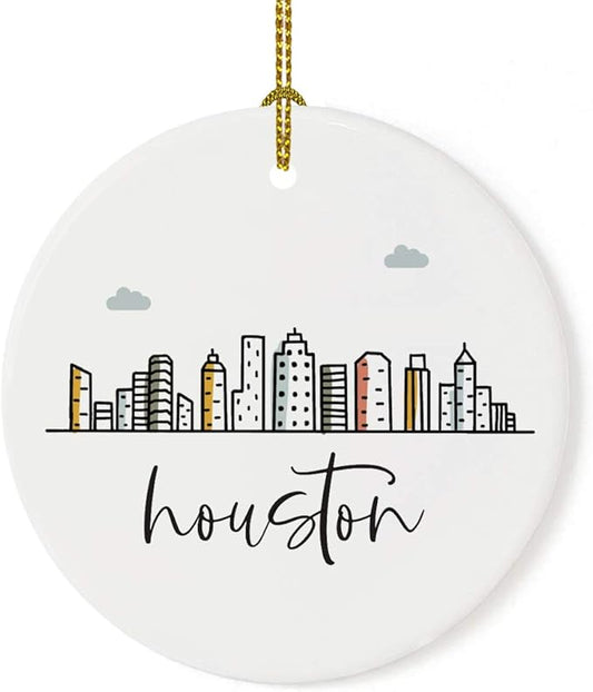 Andaz Press Round Ceramic Porcelain Christmas Tree Ornament Keepsake, Houston Colorful City Skyline Graphic, 1-Pack, Birthday Gift Ideas Family Coworker Him Her, Includes Gift Box