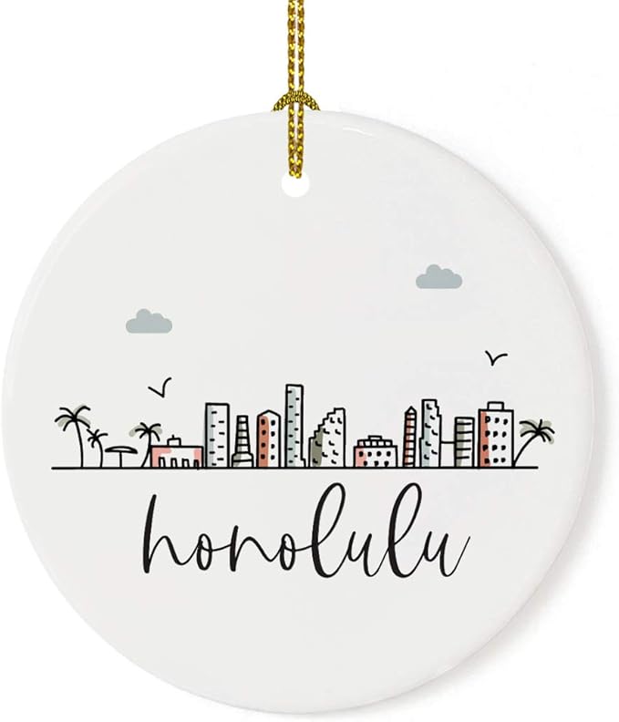Andaz Press Round Ceramic Porcelain Christmas Tree Ornament Keepsake, Honolulu City Skyline Graphic, 1-Pack, Birthday Gift Idea for Family, Coworker, Him, Her, Includes Gift Box