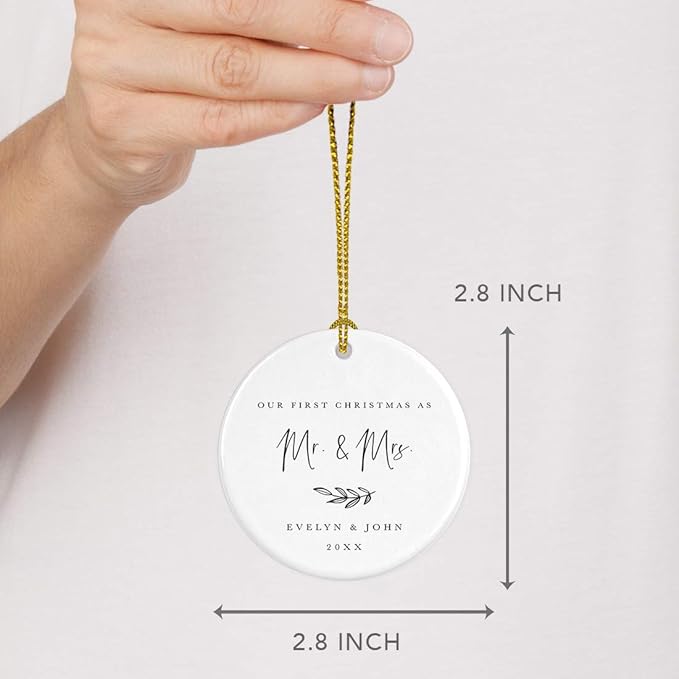 Andaz Press Personalized Wedding Round Ceramic Porcelain Christmas Tree Ornament Engagement Keepsake Collectible Gift Our First Christmas as Mr. & Mrs, Evelyn & John 2024, Antique Handdrawn, 1-Pack