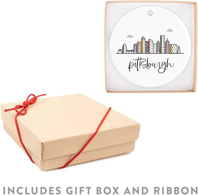 Andaz Press Round Ceramic Porcelain Christmas Tree Ornament Keepsake, Pittsburgh Colorful City Skyline Graphic, 1-Pack, Birthday Gift for Family Coworker Him Her, Includes Gift Box