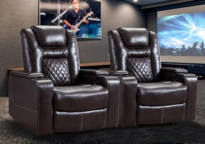 CANMOV Electric Power Recliner Chair Set of 2, Breathable Leather Home Theater Seating with Hidden Arm Storage, Power Recliner Chair for Living Room with USB Ports and Cup Holders,Brown