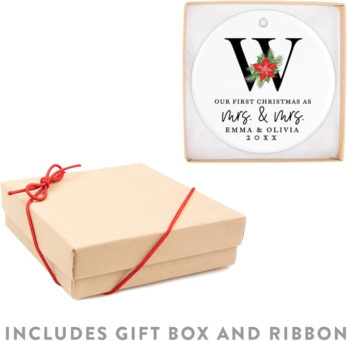 Andaz Press Personalized Our First Christmas As Mrs. & Mrs. 2025 Christmas Ornaments Monogram Poinsettia 2.8" Round Porcelain Ceramic Lesbian Married Couple Gay Women Newlyweds Wedding Keepsake 1-Pack