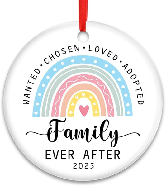 Adoption Family Ornament 2025 – Wanted Chosen Loved Adopted Rainbow Ceramic Ornament – Family Ever After Keepsake Gift – Cute Christmas Tree Hanging Decoration for Adoptive Parents or Kids