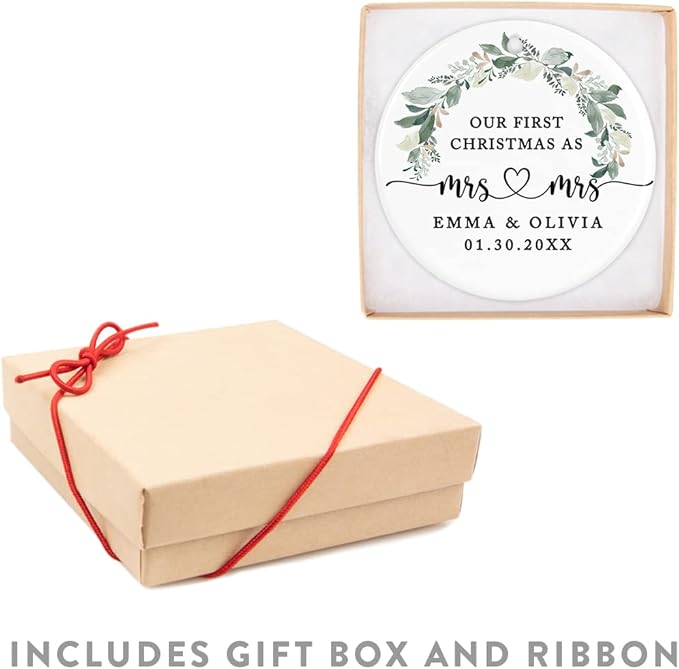 Andaz Press Personalized Our First Christmas As Mrs. & Mrs. Christmas Ornaments 2025 Foliage Wreath 2.8" Round Porcelain Ceramic Lesbian Christmas Ornament Married Couple Gay Women Newlyweds 1-Pack