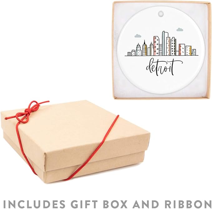 Andaz Press Round Ceramic Porcelain Christmas Tree Ornament Keepsake, Detroit Colorful City Skyline Graphic, 1-Pack, Birthday Gift Ideas Family Coworker Him Her, Includes Gift Box