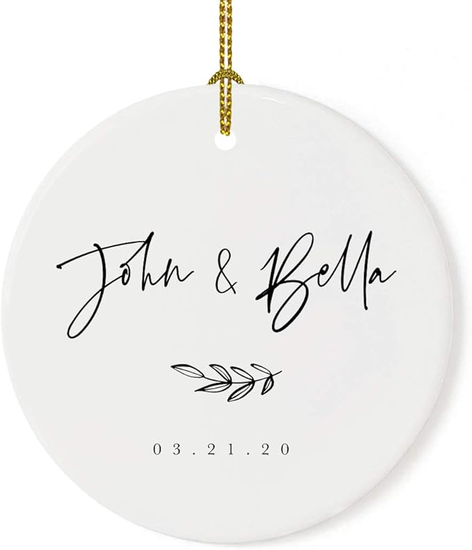 Andaz Press Personalized Round Ceramic Porcelain Christmas Tree Ornament Engagement Keepsake Collectible Gift, John & Olivia 03.21.20, Antique Handdrawn, 1-Pack