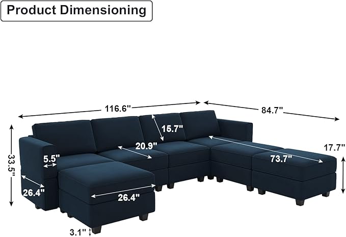 Belffin Modular Sectional Sofa U Shaped Sectional Couch with Reversible Chaises Velvet Modular Sofa with Storage Seat Blue