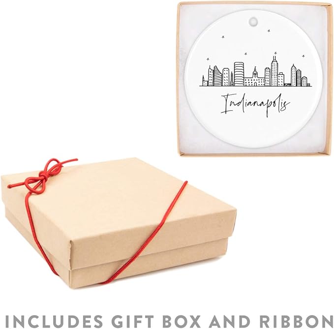Andaz Press Round Ceramic Porcelain Christmas Tree Ornament Keepsake Gift, Indianapolis, Black and White Stars City Skyline Graphic, 1-Pack, Birthday Ideas Family Coworker Him Her, Includes Gift Box