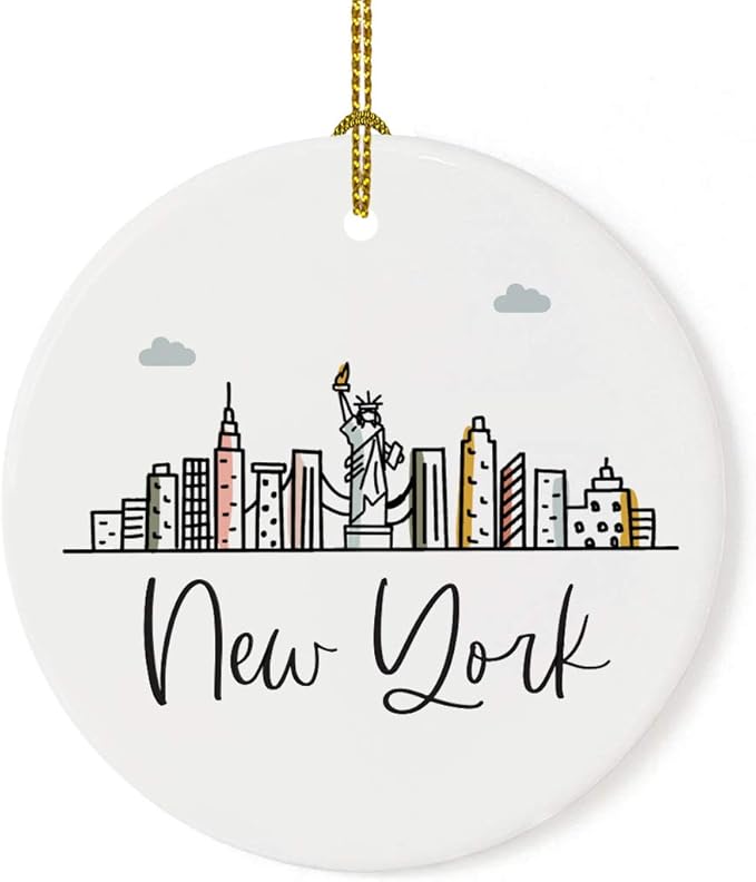 Andaz Press Round Ceramic Porcelain Christmas Tree Ornament Keepsake, New York Colorful City Skyline Graphic, 1-Pack, Birthday Gift Ideas for Family Coworker Him Her, Includes Gift Box