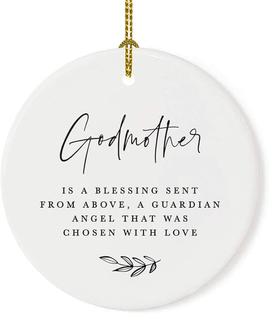 Andaz Press Round Ceramic Porcelain Christmas Ornament Collectible Godmother Gift, A Godmother is a Blessing Sent from Above, a Guardian Angel That was Chosen with Love, 1-Pack
