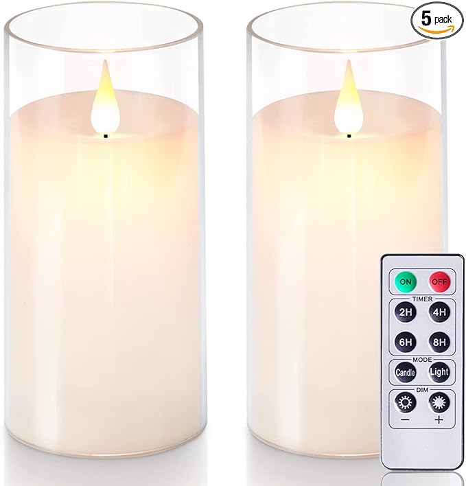 5plots 3" x 6" Pure White Flickering Flameless Candles with Clear Shell, Unbreakable Glass Battery Operated Plexiglass LED Pillar Radiance Candles with Remote Control and Timer